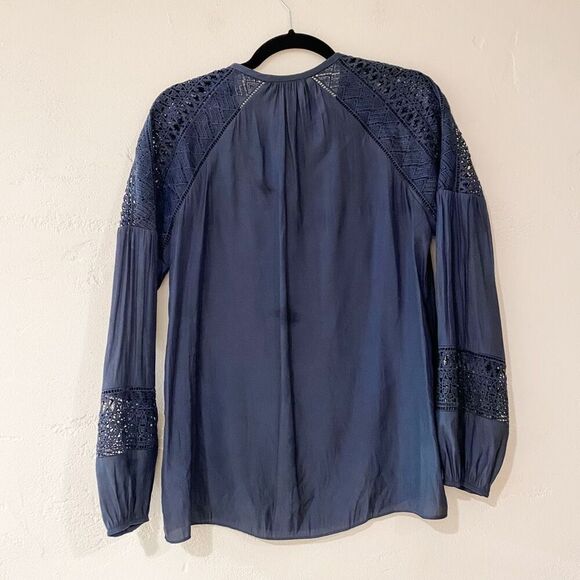 Ramy Brook Winnie Peasant Crochet Blouse in Navy Blue Small - Picture 3 of 8